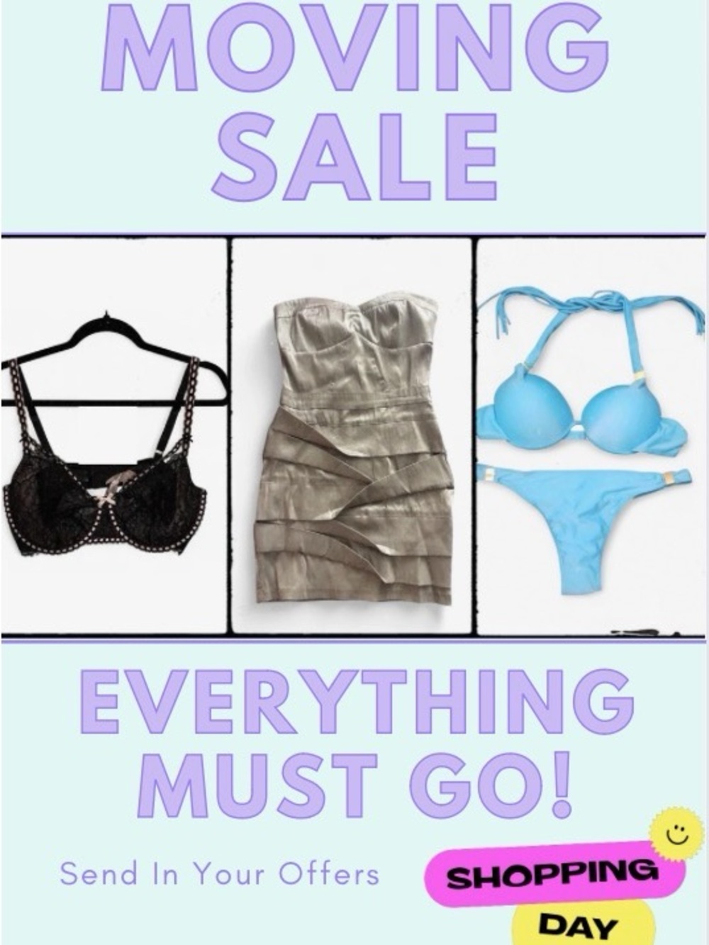 H&M Light Blue Bikini Set and Black Lace Bra with Taupe Strapless Dress
